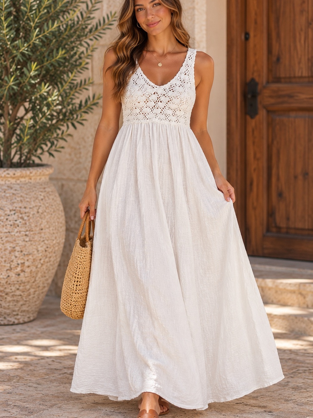 aerie White Crochet Bodice Maxi Dress